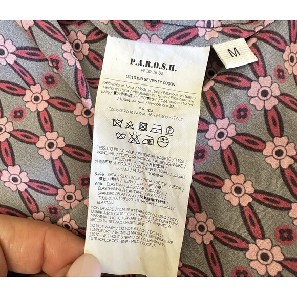P.A.R.O.S.H. Women’s Pink Floral Long Sleeve Tie Neck Silk Blouse Sz M Italy - Picture 7 of 11
